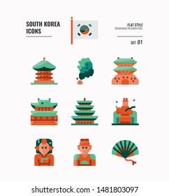 South Korea icon set 1. Include flag, landmark, people and more. Flat icons Design. vector illustration