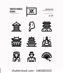 South Korea icon set 1. Include flag, landmark, people and more.Outline icons Design. vector illustration