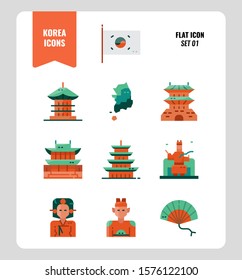 South Korea icon set 1. Include flag, landmark, people and more. flat icons Design. vector illustration