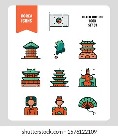 South Korea icon set 1. Include flag, landmark, people and more. Filled Outline icons Design. vector illustration