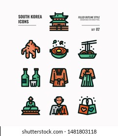 South Korea icon set 2. Include landmark, food, Traditional Culture and more. Filled Outline icons Design. vector illustration