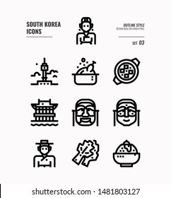 South Korea Icon Set 3. Include Landmark, People, Food, Art And More. Outline Icons Design. Vector Illustration