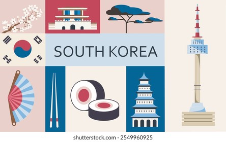 South Korea icons set. Architecture, hand fan, sushi and rolls, sakura branch and korean flag. International landmark. Travel and tourism. Holiday and vacation. Flat vector illustration