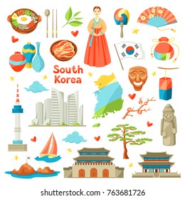 South Korea Icons Set. Korean Traditional Symbols And Objects.