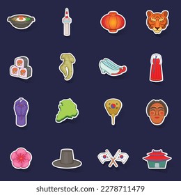 South Korea icons set stikers collection vector with shadow on purple background