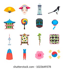 South Korea icons set, vector illustration. Collection of Korean traditional elements. Traditional clothes, food, nature, buildings, hahoe etc.   