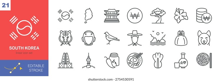South Korea Icons Vector Set - Korean National Symbols, Landmarks and Cultural Elements. Isolated Linear Signs of Korean Food, Soju, Heritage, Cuisine, Nature, Currency, and Tradition in South Korea.