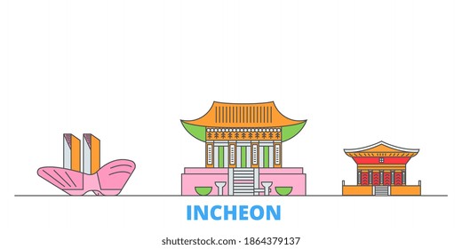 South Korea, Incheon line cityscape, flat vector. Travel city landmark, oultine illustration, line world icons