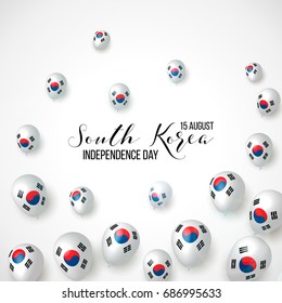 South Korea Independence Day greeting card. Celebraation background with flying balloons and text. Vector illustration. 15 August. Layout template for flyer, banner, poster, card.