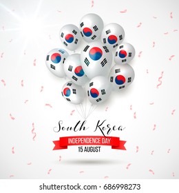 South Korea Independence Day greeting card. Celebration background with flying balloons and text. Vector illustration. 15 August. Layout template for flyer, banner, poster, card.