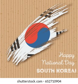 South Korea Independence Day Patriotic Design. Expressive Brush Stroke in National Flag Colors on kraft paper background. Happy Independence Day South Korea Vector Greeting Card.