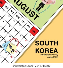 South Korea Independence Day reminder on August 15th in a wall calendar with illustrative people wearing the nation's traditional attire.