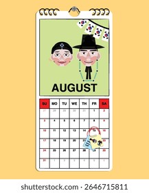South Korea Independence Day reminder on August 15th in a wall calendar with illustrative people wearing the nation's traditional attire.