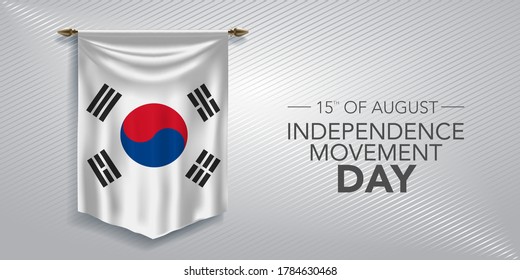 South Korea independence movement day greeting card, banner, vector illustration. Korean national day 15th of August background with pennant