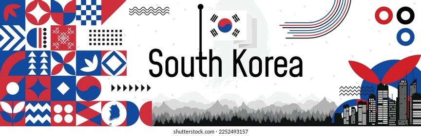 South Korea Independence Proclamation Day banner with name and map. Flag color themed Geometric abstract retro modern Design. White, red and blue color vector illustration template graphic design.