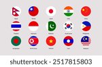 South Korea, India, China, Taiwan, Japan, Bangladesh, Malaysia, Thailand Philippines flag vector illustration. Asian states national symbols set with countries names. Asia rounded official flags icons