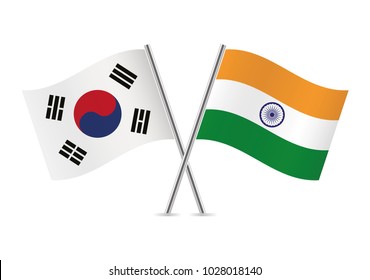 South Korea and India crossed flags. South Korean and Indian flags isolated on white background. Vector icon set. Vector illustration.