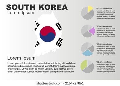 South Korea infographic general use vector template with pie chart, copy space statistics idea, South Korea country flag map with graphic, presentation idea, blank area graph for data, grey background