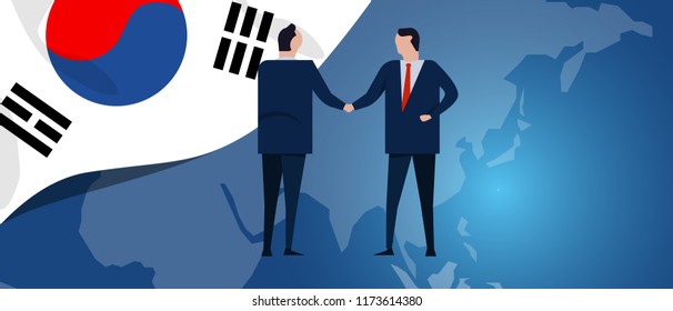 South Korea international partnership. Diplomacy negotiation. Business relationship agreement handshake. Country flag and map. Corporate Global business investment. Vector