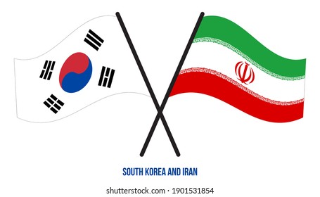 South Korea and Iran Flags Crossed And Waving Flat Style. Official Proportion. Correct Colors.