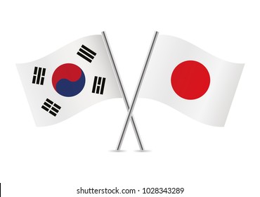 South Korea and Japan crossed flags. South Korean and Japanese flags on white background. Vector icon set. Vector illustration.