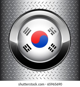 South Korea, Korean flag button on metal background, vector.