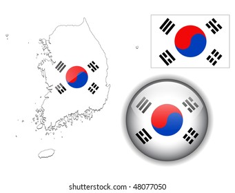 South Korea, Korean  flag, map and glossy button, vector illustration set.