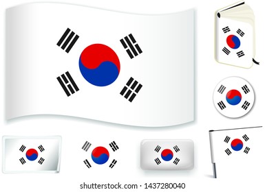 South Korea. South Korean national flag in wave, book, circle, pin, button, heart and sticker shapes.