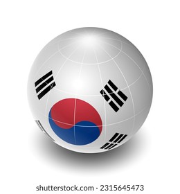 South Korea (KR) (Korean) National Flag 2.5D Isometric View, Metallic Sphere Ball Globe Design, Flag Symbol Isolated on White Background