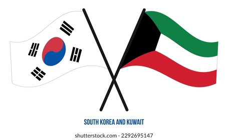 Banderas de Corea del Sur y Kuwait Cruzadas y ondeando estilo plano. Proporción oficial. Colores correctos