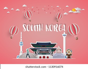 South Korea Landmark Global Travel And Journey paper background. Vector Design Template.used for your advertisement, book, banner, template, travel business or presentation.