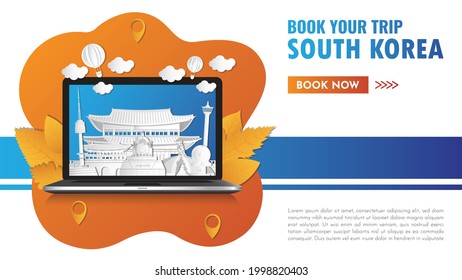 South korea Landmark Global Travel And Journey paper background. Vector Design Template.used for your advertisement, book, banner, template, travel business or presentation.