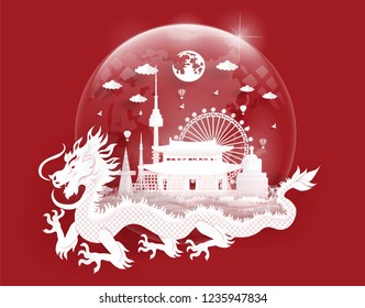 South Korea landmarks with dragon in a glassball of world map in paper cut style vector illustration. Travel poster, post card and tour company. 