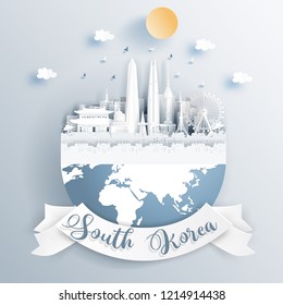 South Korea landmarks on earth in paper cut style vector illustration.