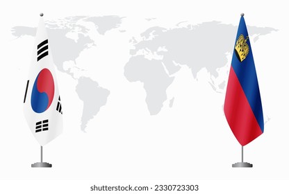South Korea and Liechtenstein flags for official meeting against background of world map.