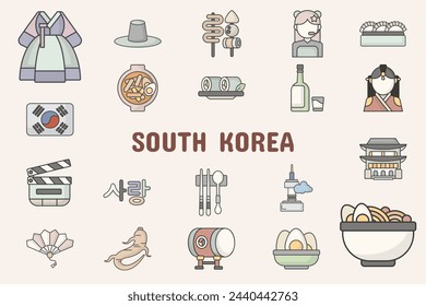 South Korea Lineal Color Vector Illustration Icon Sticker Set Design Materials