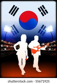 South Korea Live Music Band on Stadium Concert Background with Flag Original Illustration