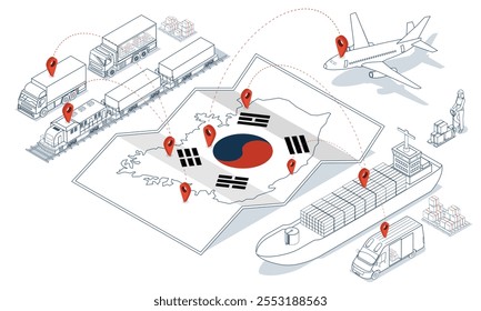 Conceito de Rede de Logística da Coreia do Sul com Logística Global, Logística de Depósito, Logística de Frete Marítimo, Exportação, Importação, Carga, Ar, Rodoviário, Entrega marítima. Ilustração vetorial eps10