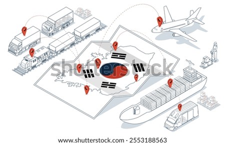 South Korea Logistics Network concept with Global Logistics, Warehouse Logistics, Sea Freight Logistics, Export, Import, Cargo, Air, Road, Maritime delivery. Vector illustration eps10