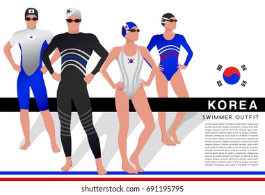 South Korea : Male and Female Swimmers : Swimmers in National Swimsuits : Vector Illustration