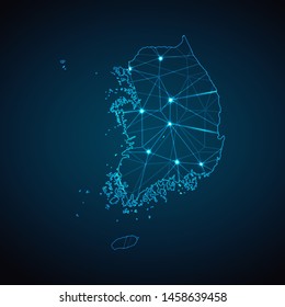 South Korea Map - Abstract geometric mesh polygonal network line, structure and point scales on dark background with lights in the form of cities. Vector illustration eps 10.