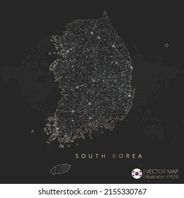 South Korea map abstract geometric mesh polygonal light concept with black and white glowing contour lines countries and dots on dark background. Vector illustration