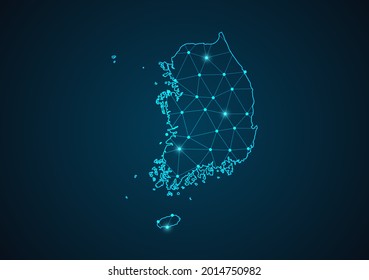 Mapa de Corea del Sur Resumen de la línea de purga y las escalas de puntos en el fondo oscuro. Línea de red poligonal de malla 3D del marco de cables. Línea de red, esfera de diseño, punto y vector de estructura.