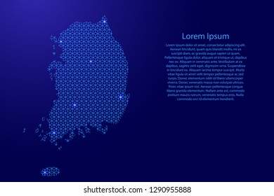 South Korea map abstract schematic from blue lines repeating pattern geometric background with rhombus and nodes with space stars for banner, poster, greeting card. Vector illustration.