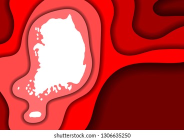 South Korea map abstract schematic from red layers paper cut 3D waves and shadows one over the other. Layout for banner, poster, greeting card. Vector illustration.