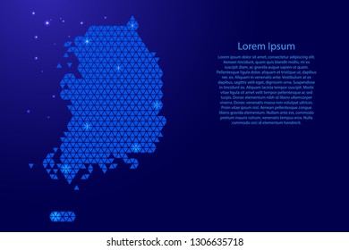 South Korea map abstract schematic from blue triangles repeating pattern geometric background with nodes and space stars for banner, poster, greeting card. Vector illustration.