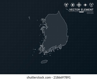 South Korea map of black digital frame HUD, GUI, UI interface technology radar vector.