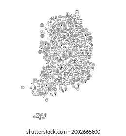 Mapa de Corea del Sur de los íconos del conjunto de patrones negros del concepto de análisis de SEO o desarrollo, negocios. Ilustración vectorial.