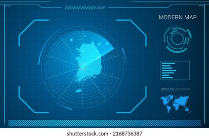 South Korea map of blue digital frame technology radar vector HUD, GUI, UI interface.