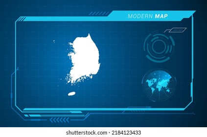 South Korea map of blue digital frame HUD, GUI, UI interface technology radar vector.